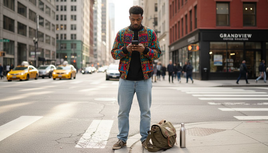 Man in African streetwear at city crosswalk
