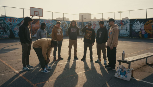 Urban youth in streetwear on city basketball court