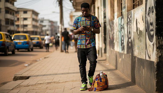 Young man in graphic African tee on city sidewalk