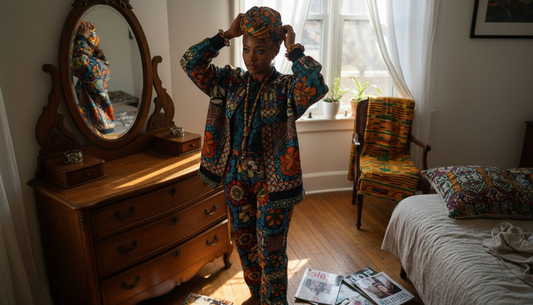 Woman adjusts African-inspired streetwear wardrobe